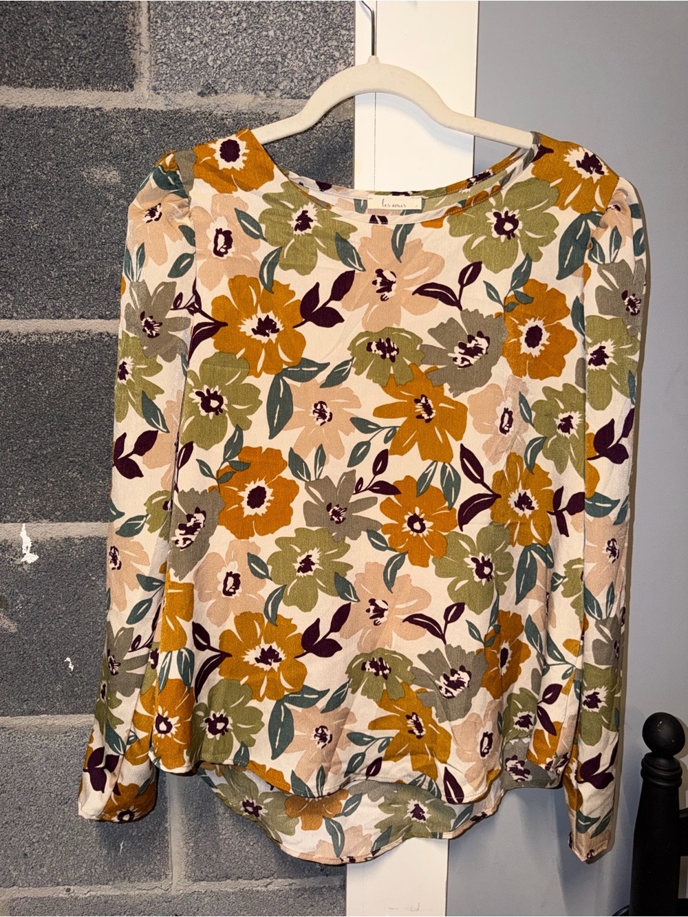Women's Floral Long-Sleeve Crewneck Blouse in Mustard & Olive